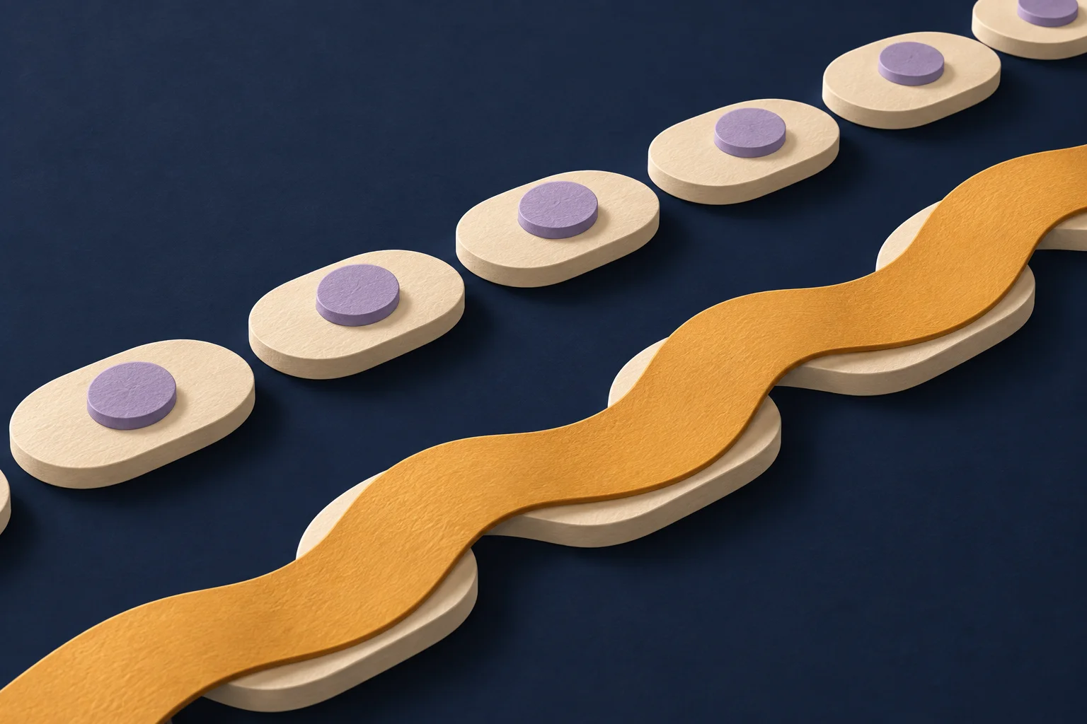 Separate stepping stones beside a continuous ribbon distinguish individual days from an episode.