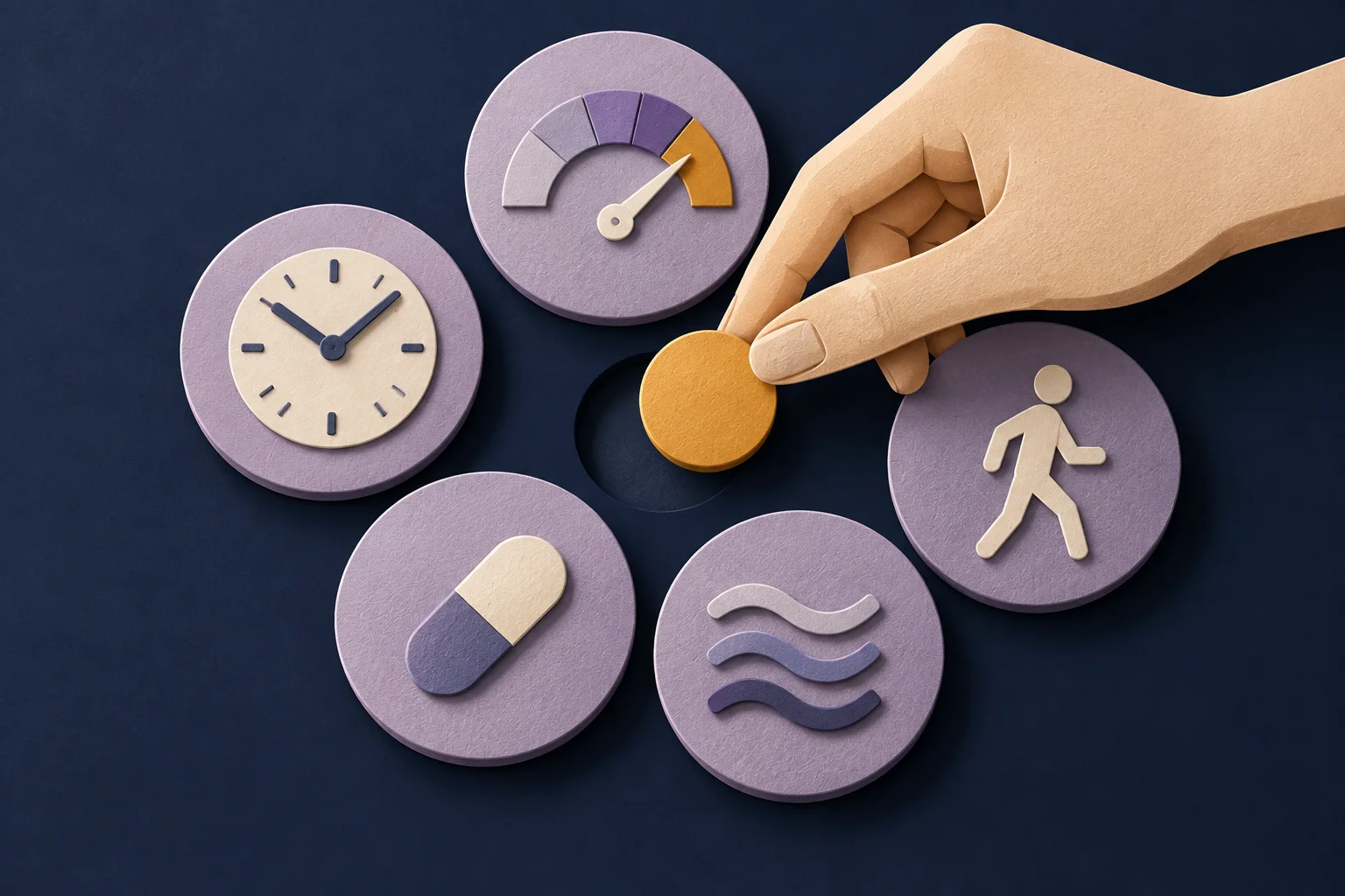 A hand placing a token among simple tiles representing useful symptom-entry fields.