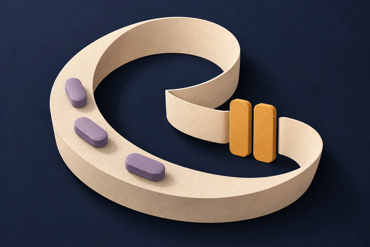 Capsule-shaped tokens along a paper loop with an amber pause symbol for reviewing repeated use.