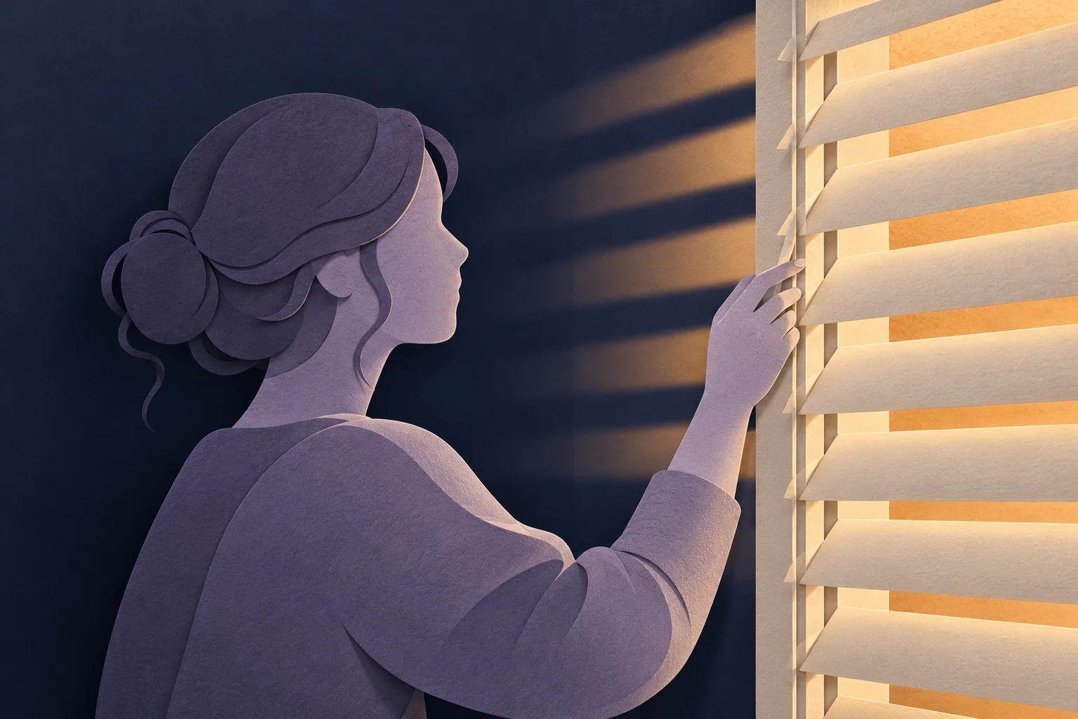 A person adjusting a blind to soften incoming light.