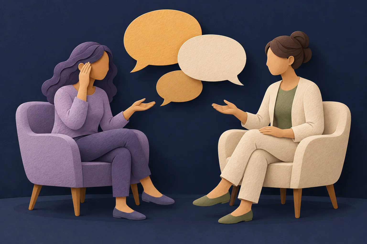 Two people in a consultation with overlapping speech shapes representing a shared discussion.